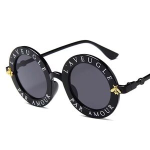 Black and Gold Round Sunglasses with Text Detail